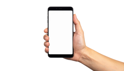 Hand Holding Smartphone with Blank Screen Against a Transparent Background for Digital Display
