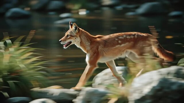 A swift dhole, or Asiatic wild dog, trots gracefully along a rocky riverbank in its natural wilderness habitat