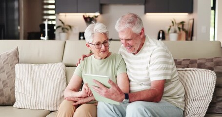 Old couple, smile and tablet on sofa for social media, streaming or subscription in living room. Elderly man, woman or senior people in house together for retirement, bonding and love with tech - Powered by Adobe