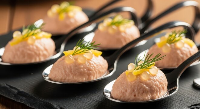 Elegant salmon mousse appetizers served on spoons, garnished with dill and caviar, perfect for a sophisticated culinary experience