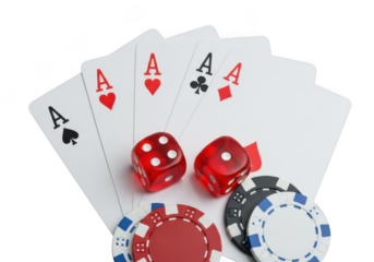Four aces playing cards and red dice isolated on transparent background
