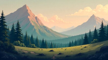 Scenic mountain landscape with evergreen forests and a peaceful atmosphere