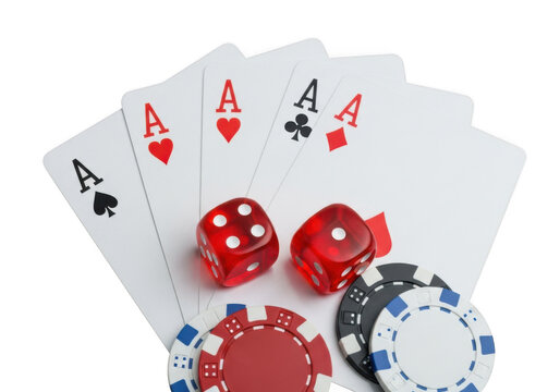 Four aces playing cards and red dice isolated on transparent background - Powered by Adobe
