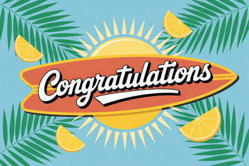 Tropical congratulations message with vibrant citrus accents and a surfboard, perfect for celebrating achievements with a fun, summery vibe and warm wishes