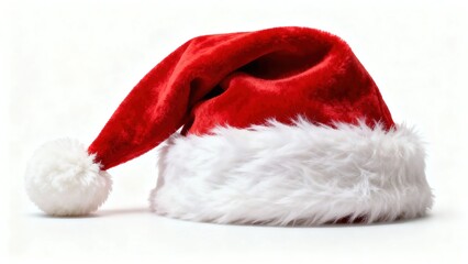 Red Santa hat with white fluffy trim and pom-pom on a white background