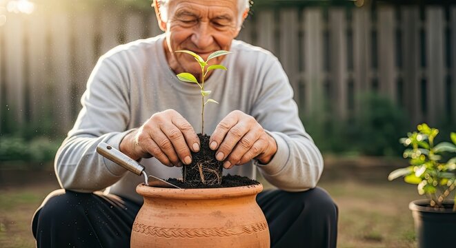 Joyful senior man planting seedling in terracotta pot, nurturing growth and life in his garden, enjoying peaceful retirement, springtime hobby, connecting with nature, fostering new beginnings - Powered by Adobe
