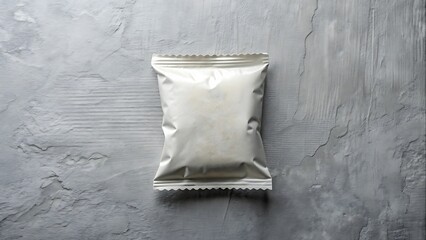 Shiny Metallic Food Packaging Pouch Mockup on Gray Textured Background