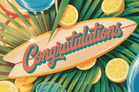 Celebrate summer achievements with this vibrant congratulations message on a surfboard amidst tropical leaves and citrus, perfect for coastal celebrations and sunny shoutouts