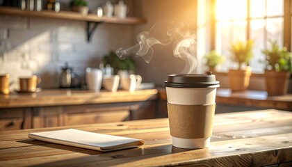 Inviting morning light illuminates a steaming coffee cup and notebook on a warm wooden kitchen counter, signaling a tranquil beginning to the day