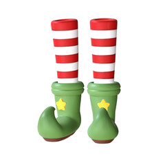 A 3D stylized image of elf legs wearing red and white striped stockings and green boots with curled toes.