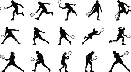 Silhouettes of tennis players performing dynamic strokes, serves, volleys, and footwork actions, competitive sport movement illustration for athletic creative design projects