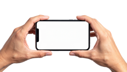 Hands Holding Mobile Phone with Blank Screen Against a Transparent Background for Easy Mockup