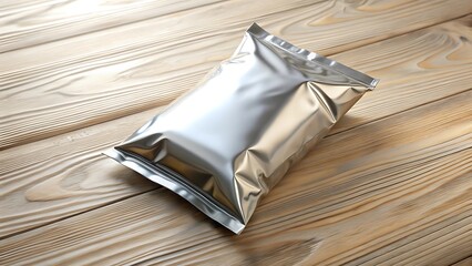 Silver Metallic Package on Wooden Surface in a Bright Studio Setting