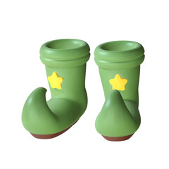 A 3D stylized pair of green elf shoes with curled toes and a yellow star decoration.
