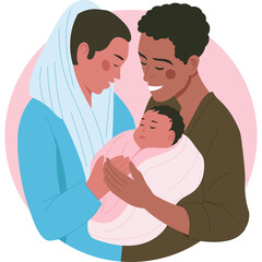 Two Parents Gently Holding Their Newborn Baby Wrapped in a Pink Blanket with Soft Smiles and Affection in a Circular Frame