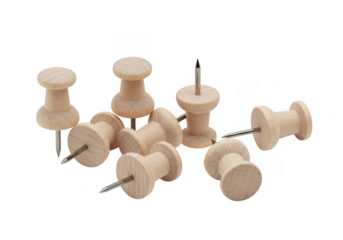 A collection of wooden thumbtacks isolated on transparent background