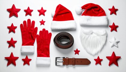 Christmas accessories arranged on white background—Santa hats, gloves, stars, stocking, belt, and beard.