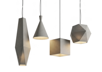 Set of four modern geometric pendant lights with different shapes and textures, isolated on transparent background