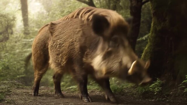 Wild boar in forest sunlight animal nature wildlife footage