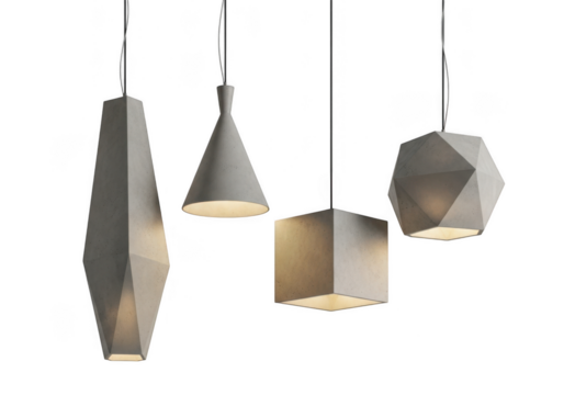 Set of four modern geometric pendant lights with different shapes and textures, isolated on transparent background - Powered by Adobe
