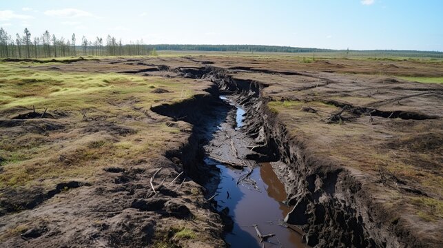 A deep, muddy trench carved through a desolate peatland landscape under a bright sky