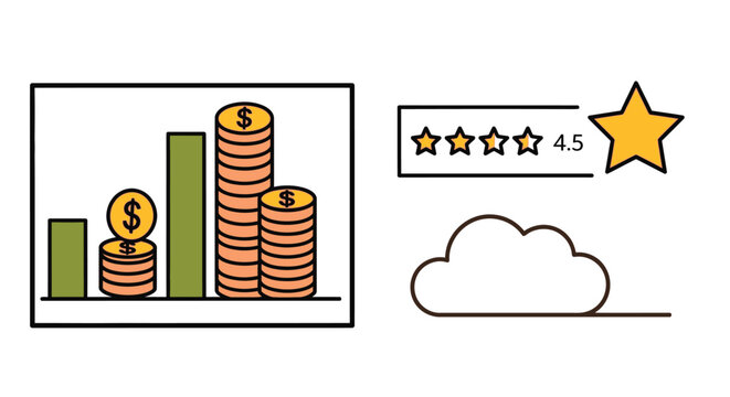 Financial growth chart with customer ratings and cloud technology