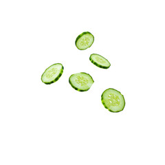 Floating cucumber slices with visible seeds and green skin, isolated on transparent background, emphasizing freshness and motion.