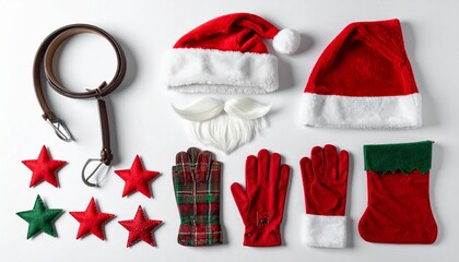 Christmas accessories arranged on white background—Santa hats, gloves, stars, stocking, belt, and beard.