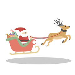 Object isolated on white background with shadow of Santa Claus sits on a sleigh with reindeer. Cute little Santa with a sleigh full of gifts. Perfect for Christmas decorations.