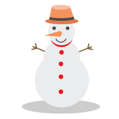 Object isolated on white background with shadow of snowman. A snowman with a hat and branch arms. Smiling face for Christmas.