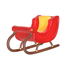 A 3D stylized red sleigh with brown runners and a yellow cushioned seat.