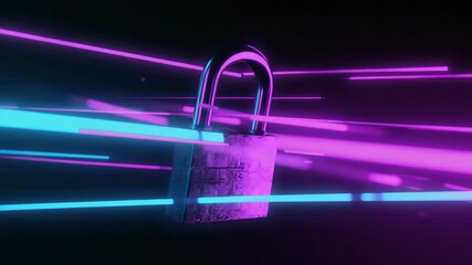 Metallic padlock illuminated by glowing pink and blue laser light beams on dark background, secure digital connection, online safety, cyber protection, privacy system and futuristic technology design - Powered by Adobe