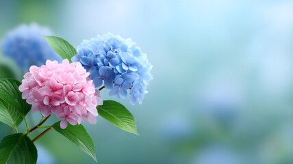 Two pink and blue flowers are on a green leaf