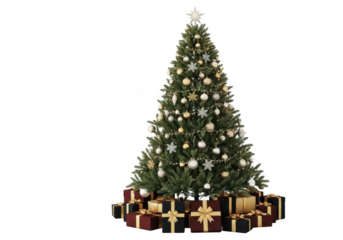 Beautifully decorated christmas tree with ornaments and gifts, isolated on transparent background