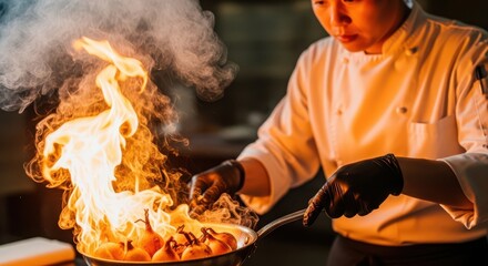Focused asian chef in uniform expertly cooking a stir fry with a flaming wok in a professional restaurant kitchen