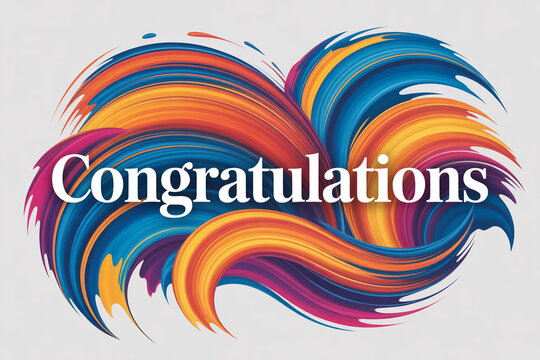 Vibrant congratulations design with flowing rainbow brushstrokes, perfect for celebrating achievements, milestones, graduations, and promotions with modern flair