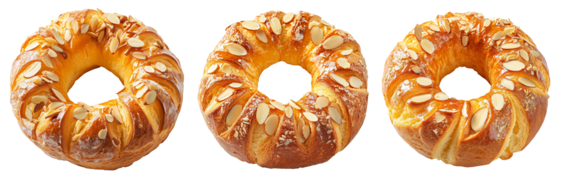 Flaky, golden-brown ring-shaped Bagel sprinkled with almond flakes, isolated on white transparent background.