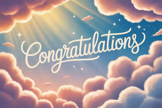 Celebrate success with this uplifting congratulations design featuring dreamy clouds and radiant light, perfect for greeting cards, announcements, and social media posts