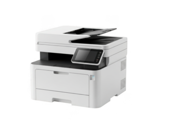 Modern white multifunction printer with touchscreen display, isolated on transparent background