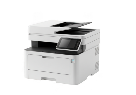 Modern white multifunction printer with touchscreen display, isolated on transparent background