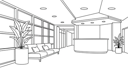 Modern office waiting area with stylish furniture and plants inside room