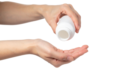 Hands Pouring Pills from a White Container into Palm for Health and Wellness Purposes