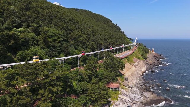 Aerial view rotating along the Sky Capsule rail at Blueline Park, Haeundae, Busan