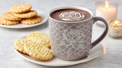 Warm mug of cocoa with creamy swirl and sweet cookies.