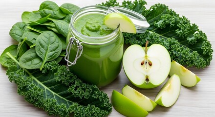 Fresh Green Smoothie: A mason jar of green smoothie surrounded by vibrant spinach, kale leaves, and sliced green apple, promoting clean eating and health, generative ai.