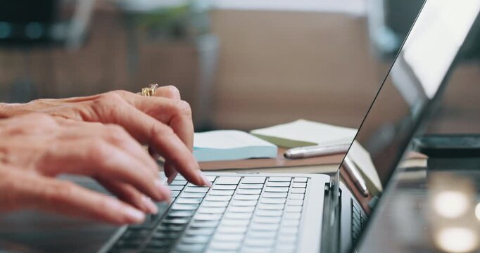 Woman, hands and typing in small business with laptop for online booking calendar, reminder and planning. Person, browse and search with computer in workplace for client schedule, admin and email.