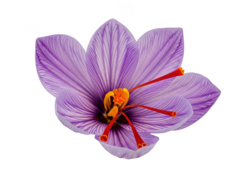 A beautiful purple saffron crocus flower with red stigmas, isolated on transparent background