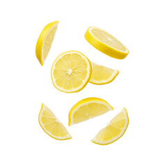 Bright lemon slices arranged in circular composition, showcasing juicy texture and freshness on transparent background.