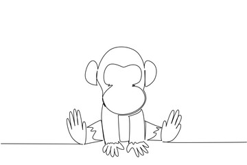 Single line draw of cute baby chimpanzee sitting with round ears and gentle hands, a wildlife concept for cute wild animals cartoon sitting, ideal for nursery posters, stickers, and playful kids brand