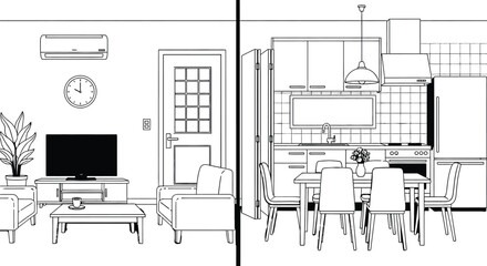 Cozy cartoon home interior design showcasing living room and kitchen